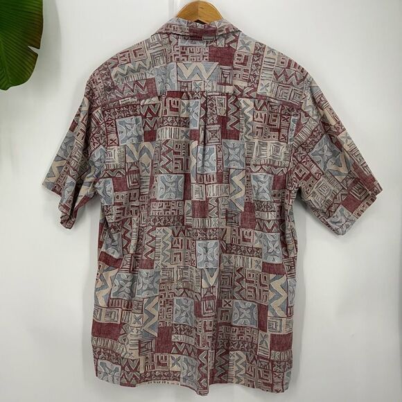 Red Gray Tan Tapa Quilt Design XL Ono Shirt by Liberty House Vintage - Picture 2 of 6